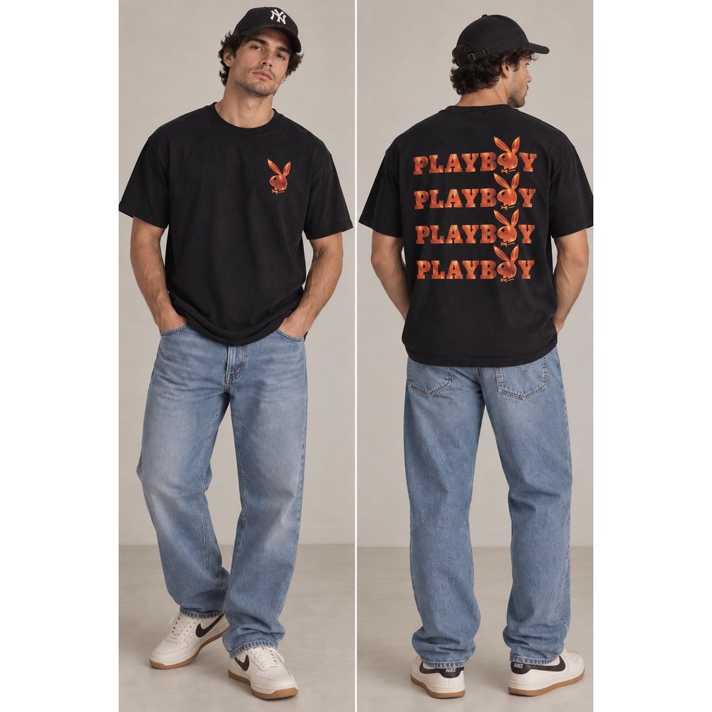 Playboy Mens Graphic T-Shirt Black Orange Logo Heat Map Print Size M Tee